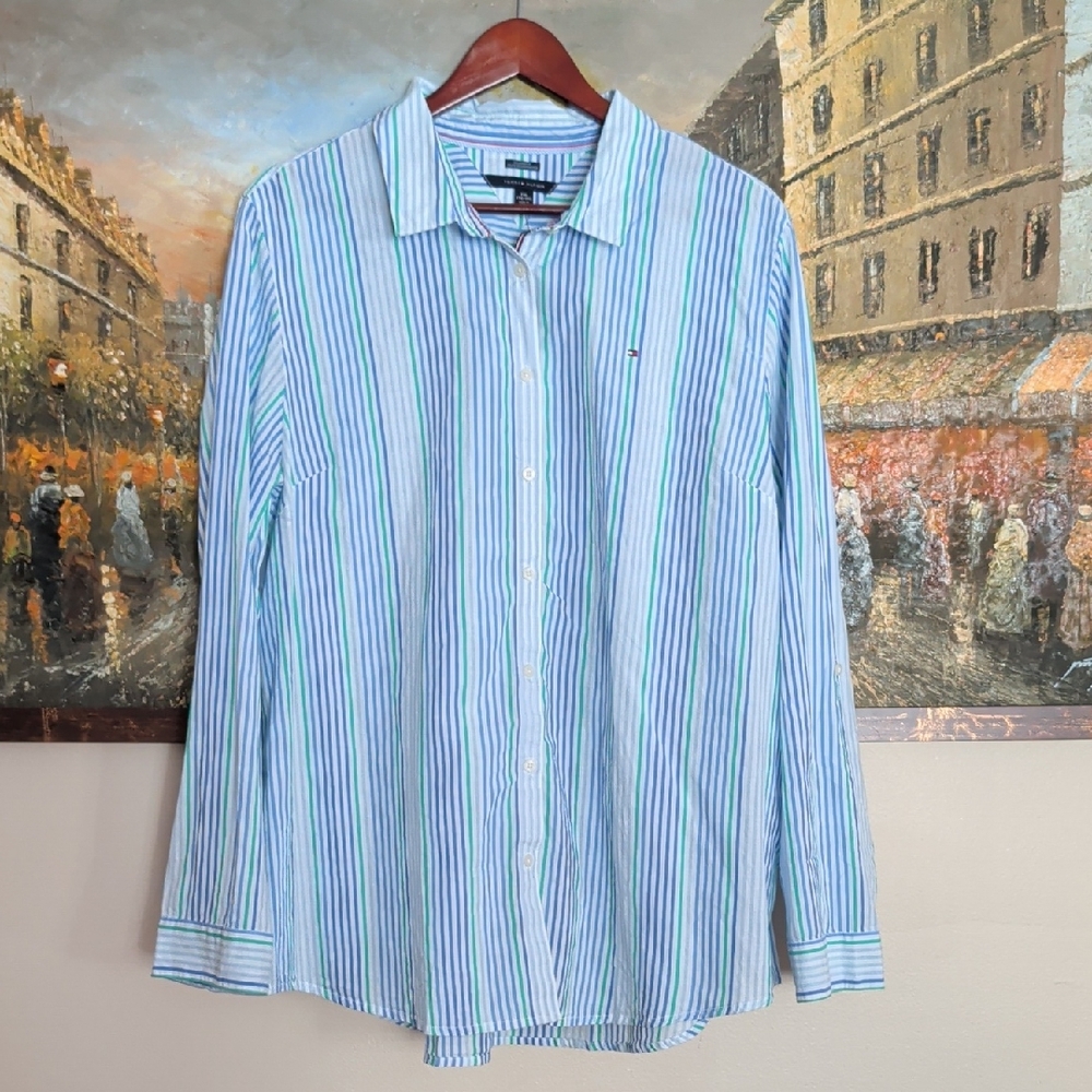 Tommy Hilfiger Blue, White & Green Striped Button-Down Shirt